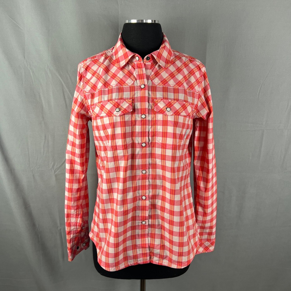 Stio Eddy Western Shirt Womens Medium Multicolor Plaid Peaked Yoke Pearl Snap